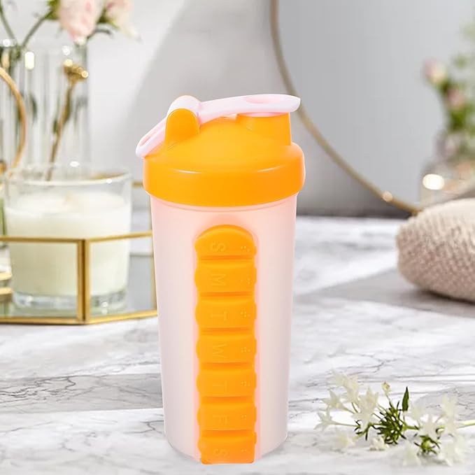 Clear Water Bottles 7 Day Pill Box Organizer with Water Bottle Weekly Dispensers Reminder Medicine Holder Portable Inserted Pill Case Bottle for Travel Gym Outdoor Orange