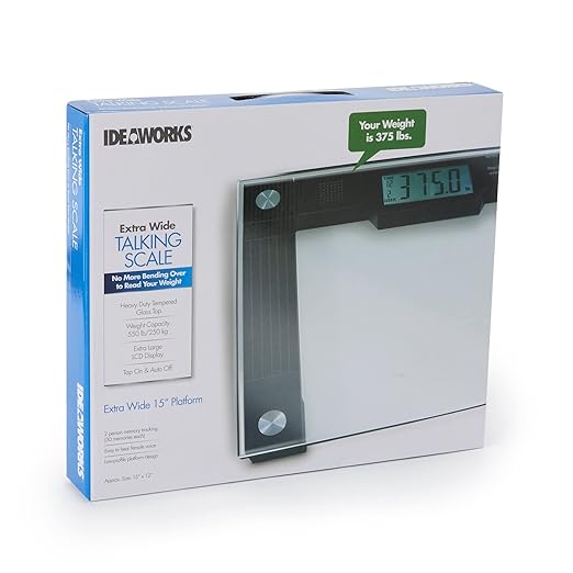 Ideaworks JB5824 Extra Wide Talking Scale-Visual & Voice Display Scale- 550 Pounds Max-Tamper Glass-Extra Wide Width-Large LCD Display-Tap On & Off Auto Function