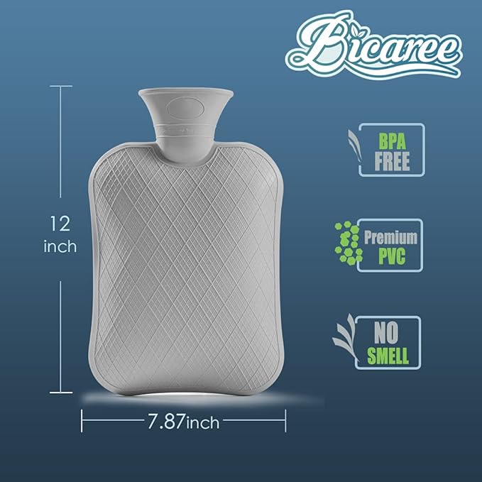 BICAREE Hot Water Bottle with Cover, 2L PVC Hot Water Bag for Neck, Shoulder Pain and Hand Feet Warmer, Menstrual Cramps, Hot Compress and Cold Therapy(Lily White)