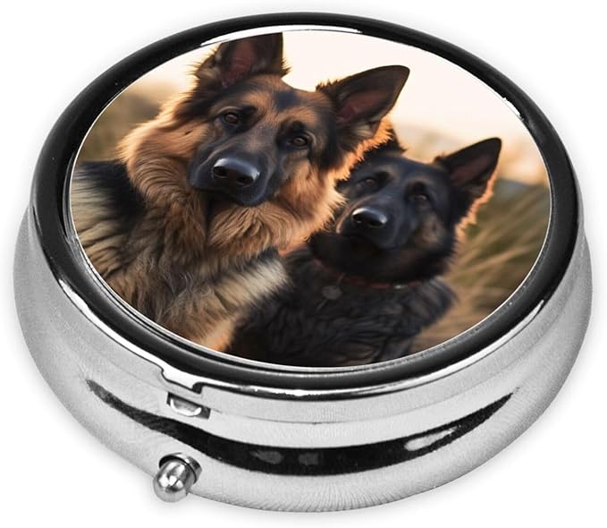 Pill Box 3 Compartment Medicine Pill Organizer Animal German Shepherd Round Pill Case for Purse & Pocket Travel Pillbox Portable Metal Medicine Vitamin Fish Oil Organizer Unique Gift