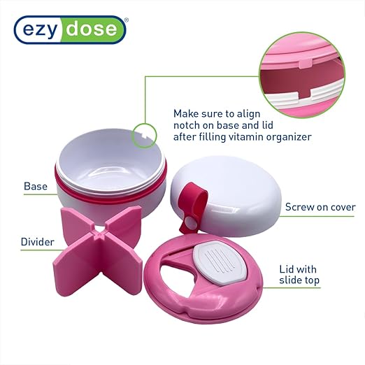 EZY DOSE Mini Vitamin Organizer, Multi Compartments, Portable and Compact Design, Easy Access Sliding Pill Dispenser, Supplement Organizer with Anti-Mix Design, Travel Friendly, Small, White and Pink