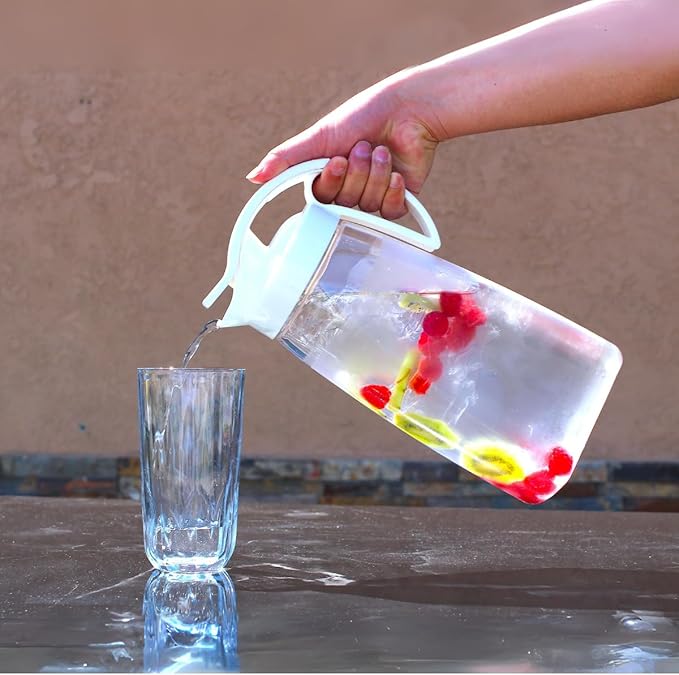 One-Touch Airtight Pitcher with Lid, 2.3QT (74oz) – Heat Resistant, Leakproof Quickpour Jug for Hot & Cold Drinks, Coffee, Tea, Water, Space-Saving, Dishwasher Safe, Made in Japan
