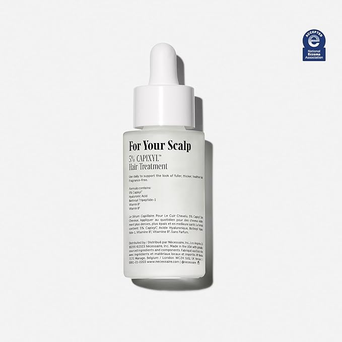 Nécessaire The Scalp Serum. 5% Capixyl™ + 1% Hyaluronic Acid For Fuller, Thicker, Healthier Hair. Fragrance-Free. Approved by the National Eczema Association. 1 fl oz