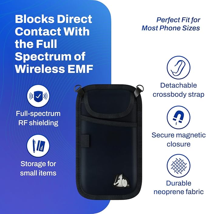 DefenderShield EMF Radiation Blocker Phone Pouch (Black) - Lightweight Radiation Blocker for Cell Phone with Crossbody Strap - EMF Shield with Extra Pocket (7.5 x 4 in)