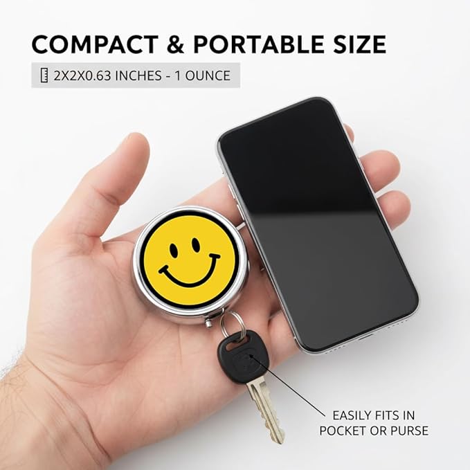 Smile Face Pill Box 3 Compartment Small Pill Case,Portable for Pocket or Purse Pill Organizer Pill Container Holder with Mirror to Hold Vitamins, Medication, Fish Oil and Supplements