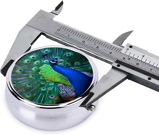 Beautiful Peacock Printed Round Travel Pill Box Cute Small Metal Pocket Pill Case for Men & Women 3 Compartment Portable Pill Organizer for Purse or Pocket
