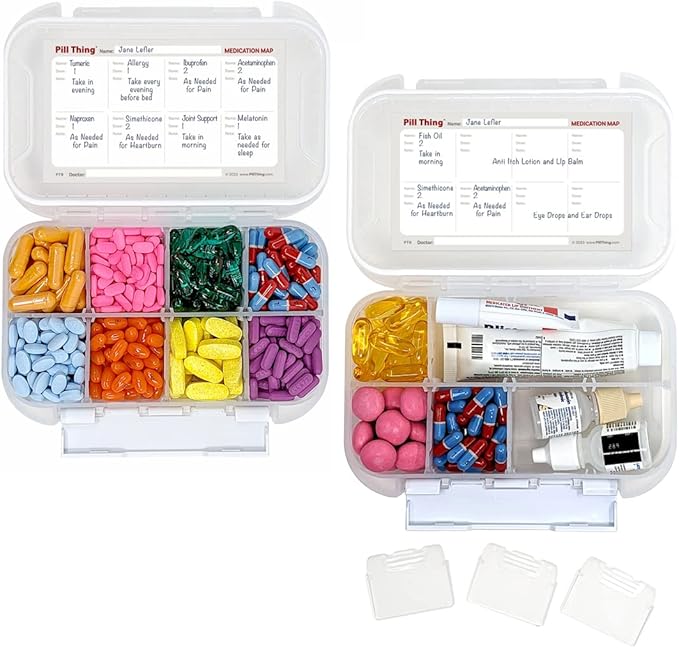 8 Compartment Large Pill Case with Airtight Seal, Adjustable Dividers, Silicone Gasket Waterproof Med Box with Medication Map (Clear - 2 Pack)