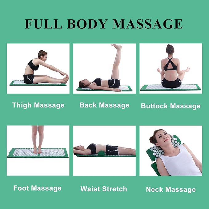 XiaoMaGe Acupressure Mat and Pillow Set with Bag - Extra Long Acupuncture Mat for Neck & Back Pain Relief- Naturally Relaxation Gift for Women - Stress Relief Massage Mat (Green)