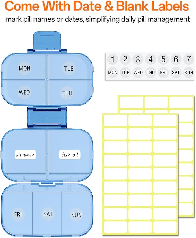 Foldable Travel Pill Organizer 3 Layers Large Capacity, Portable Pill Box Case with 9 Compartments for Medication Vitamins Supplements (Blue)