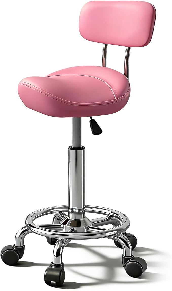 Saddle Stool with Ring Pedal and Back, Adjustable Hydraulic Rolling Chair with Wheels for Medical, Massage, Salon, Spa, Kitchen, and Drafting Use