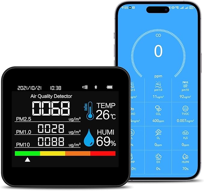 9-in-1 Indoor Air Quality Monitor | Accurately Tracks PM2.5/PM1/PM10/CO2/CO/TVOC/HCHO/Temp & Humidity for Home, Office, School & Hotel