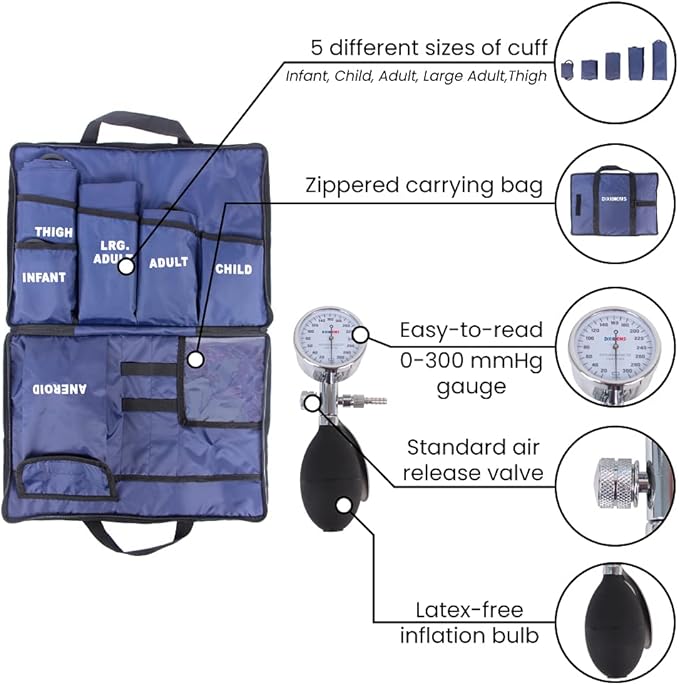 Dixie EMS Aneroid Sphygmomanometer Kit, Manual Blood Pressure Monitor Set with 5 Cuffs for Infant, Child, Adult, Large Adult, Thigh, & Carrying Case – Blue