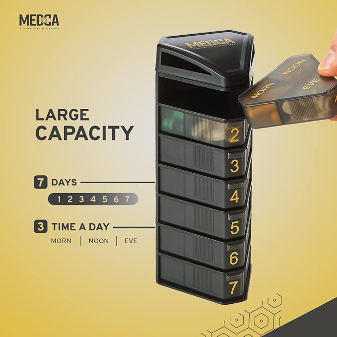 MEDCA Moisture Proof Weekly Stackable Pill Organizer - BPA Free, Weekly Pill Box Case with 3 Daily Compartments - Black Pill Box to Store Pills, Vitamins, Supplements