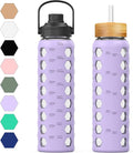MUKOKO 32oz Glass Water Bottles with 2 Lids-Handle Spout Lid&Bamboo Straw Lid, Motivational Water Tumbler with Time Marker Reminder and Silicone Sleeve, Leakproof-Purple-1 Pack