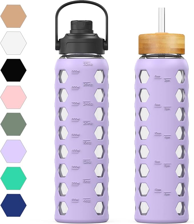 MUKOKO 32oz Glass Water Bottles with 2 Lids-Handle Spout Lid&Bamboo Straw Lid, Motivational Water Tumbler with Time Marker Reminder and Silicone Sleeve, Leakproof-Purple-1 Pack