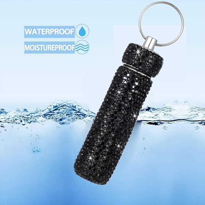 Bling Rhinestone Pill Case Portable Waterproof Pocket Pill Holder Bottle Storage with Keychain for Travel, Outdoor, Camping (black)