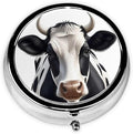 Metal Pill Organizer - 3-Compartment Mini Round Pill Case for Pocket & Purse, Portable Vitamin Holder, Easy-Open Design for Travel - Cow