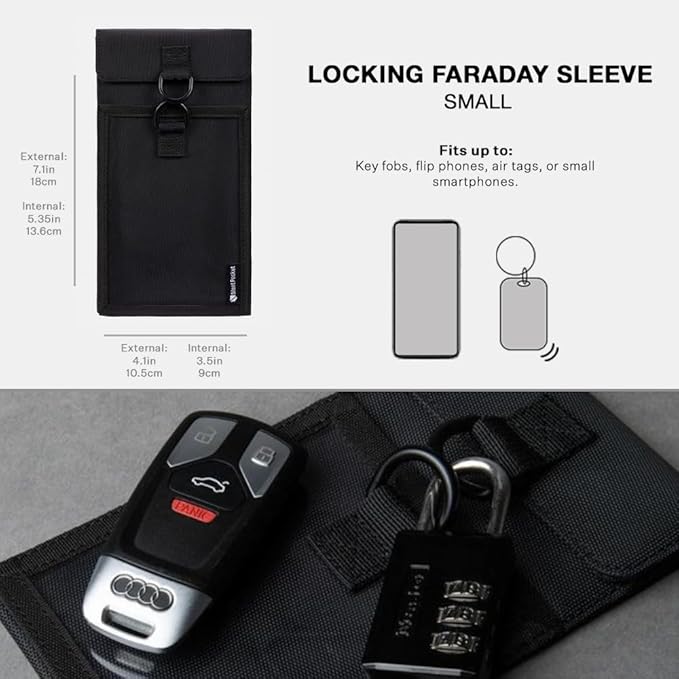 Silent Pocket SLNT Lock Out Tag Out Locking Cell Phone Faraday Sleeve w Weatherproof Nylon, Loto Signal Blocking Device Shielding for Phones, Keyfobs, Wallets - Privacy Anti-Hacking (Black, Small)