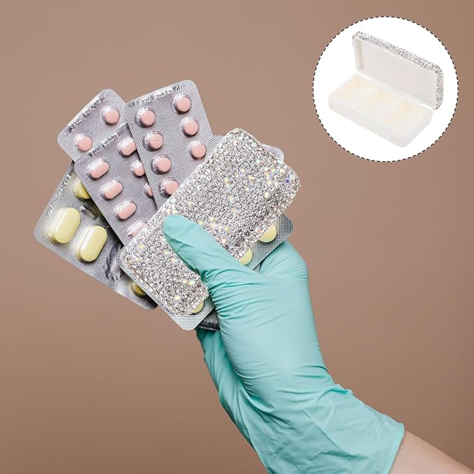 Didiseaon Bling Rhinestone Pill Case: Pill Container Box Portable Waterproof Pocket Holder Rectangular Plastic Storage Organizer for Outdoor Camping Travel