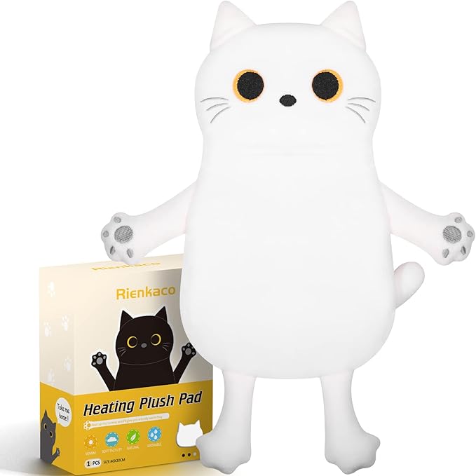 Microwave Heating Pad for Cramps Pain Relief, 16 * 12'' Moist Microwavable Period Menstrual Heating Pads for Cramps, Back, Neck Shoulder and Knee, Cute Stuffed Animal Heating Pad - White Cat