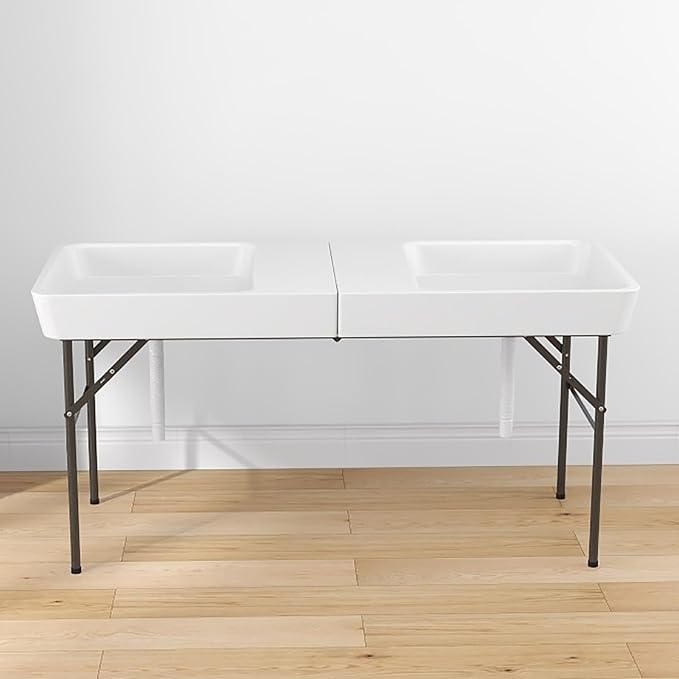 Giantex 5 FT Folding Ice Table with Double Sinks and Drains, Portable Ice Cooler Table with Removable Skirt, No Assembly, Foldable in Half, Fill and Chill Stand for Party Camping BBQ Wedding, White