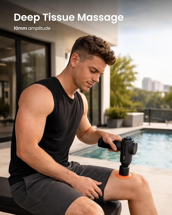 RENPHO Active+ Thermacool Massage Gun with Heat and Cold, Deep Tissue Percussion Massager for Back and Neck, Portable Handheld Massager with 5 Speeds, 5 Attachments, Carry Case, Black