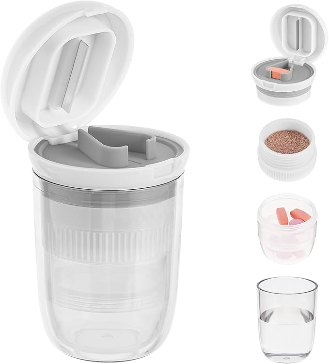 4 in 1 Pill Cutter Splitter, Pill Cutter for Small or Large Pills, Travel Pill Organizer with Crusher Grinder Fine Powder, Stainless Steel Blade, Removable Drinking Cup (White)