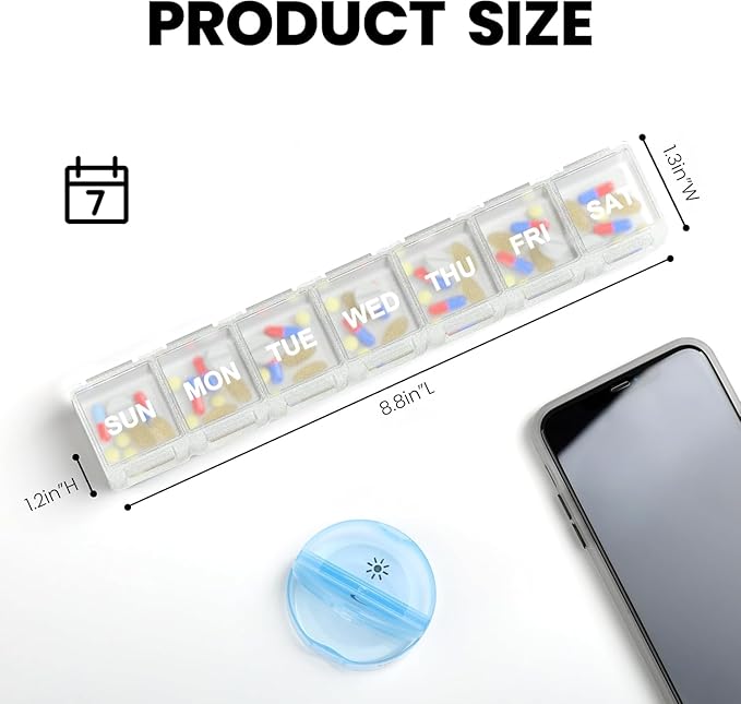 Sukuos Medium Large Weekly Pill Organizer – 7 Day Daily Pill Box, Easy-to-Open Medicine Container with Silkscreen & Clear Lid for Vitamins, Fish Oils or Supplements White