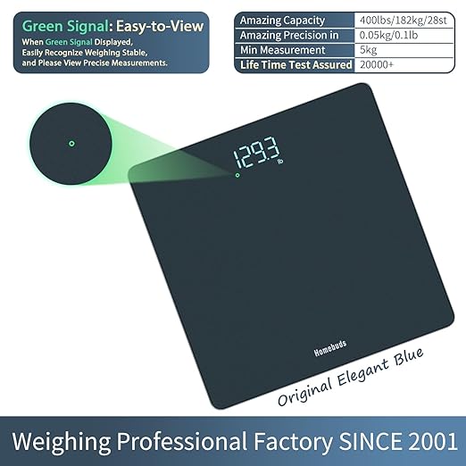 Homebuds Bathroom Scale for Body Weight, High Precision 0.1lb by Professional Factory Since 2001, Weight Scale LED Display and Step-On, 3*AAA Batteries Included, 400lb/182kg, Blue