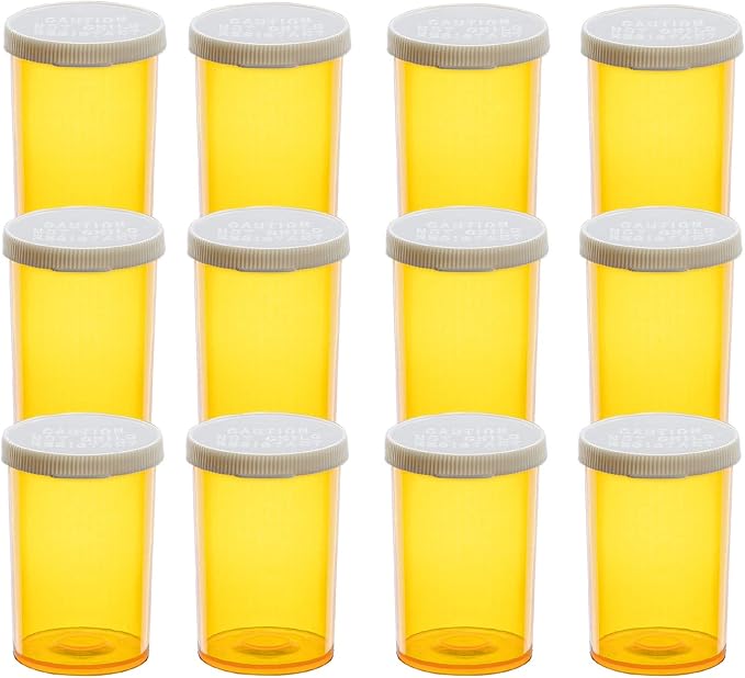 Amber Medicine Containers Snap Cap Prescription Vials Bottles Easy Open Pill Organizers Empty with Plastic Caps (20 dram, 12pcs)