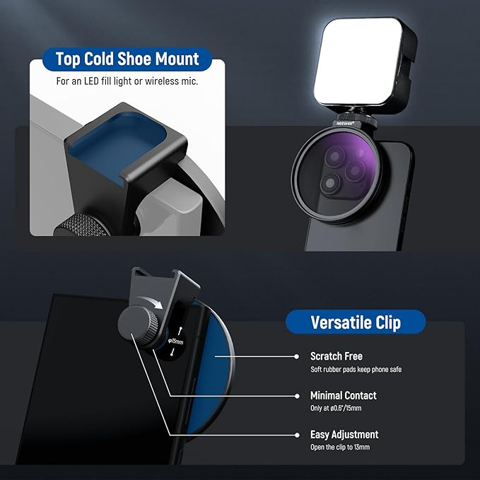 NEEWER 67mm CPL Filter with Cold Shoe Phone Lens Clip, HD Polarizing Filter with Pouch & Cleaning Cloth Compatible with iPhone 17 16 15 Pro Max Plus Samsung Galaxy S25 Ultra Camera