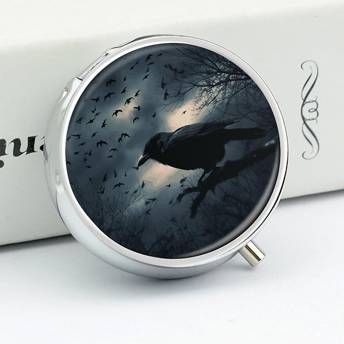 Night Crow Pill Box Travel Pill Case for Purse Pocket Weekly Medicine Organizer with Mirror 3 Compartment Round Medicine Case Portable PillcaseHolder for Daily