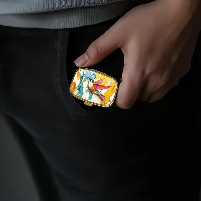 Small Pill Box Pill Case with Mirror Retro Pocket 2 Compartment Pill Holder for Purse or Pocket Bronze Portable Medicine Vitamin Container Fish Oil and Supplement Storage BPA-Free(Hummingbird Art)