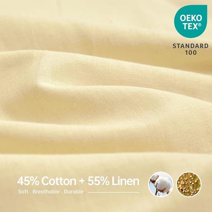 Simple&Opulence Belgian Linen Sheet Set Solid Color - 3 Pieces (1 Flat Sheet, 1 Fitted Sheet & 1 Pillowcase) Natural Flax Cotton Blend Soft Breathable Farmhouse Bedding - Twin Size, Pale Yellow