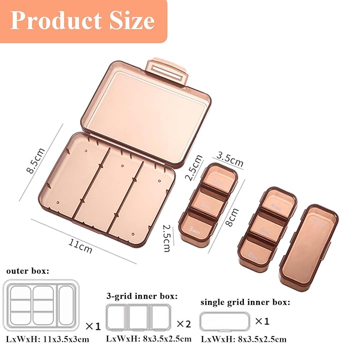 Weekly Pill Box Organiser for Pocket, Daily Medication Storage Case with 7 Compartments, BPA-Free Double Seal Waterproof, Storage for Vitamins, Fish Oil, Dietary Supplements (Brown)
