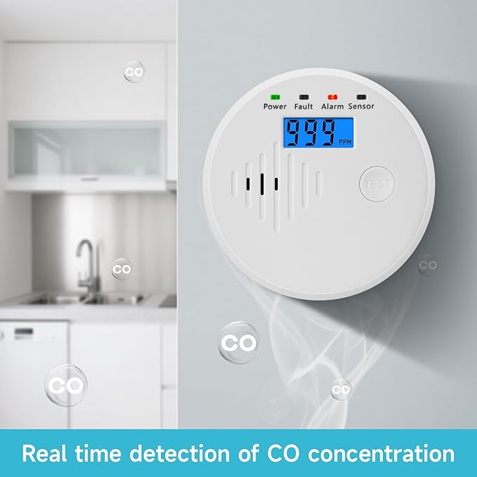 Carbon Monoxide Detector,Carbon Monoxide Alarm with LCD Digital Display Sound Light Warning,Battery Powered High Accuracy Co Gas Monitor Alarm Detectors for Travel Home Office Kitchen RV Hotel