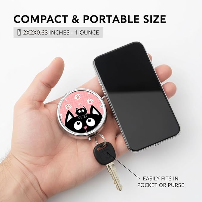Cute Cat Pill Box 3 Compartment Small Pill Case,Portable for Pocket or Purse Pill Organizer Pill Container Holder with Mirror to Hold Vitamins, Medication, Fish Oil and Supplements
