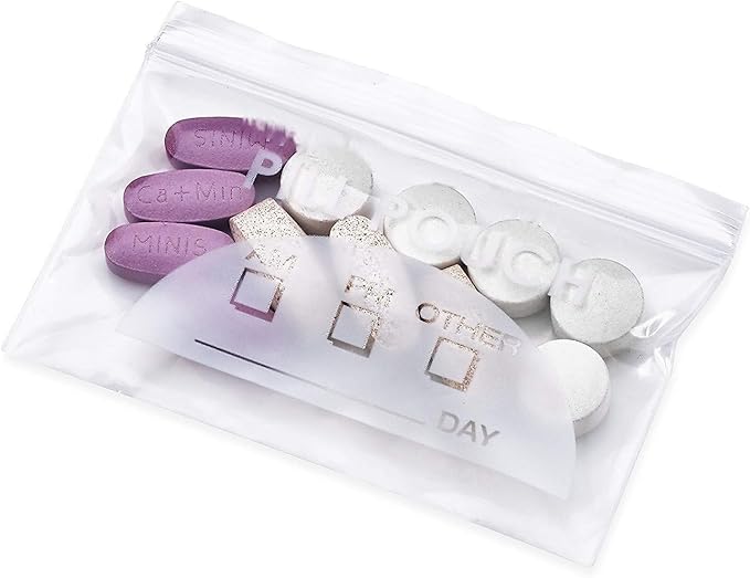 200 Piece Resealable Zipper Locking Pill Pouches - Daily AM PM Travel Medicine Organizer, Clear Reusable Write-On Labels for Vitamins and Medications