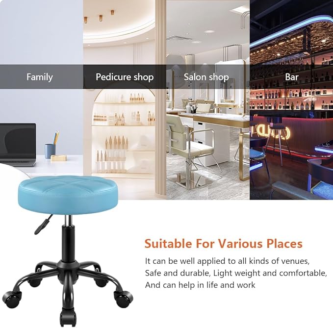 KKTONER Rolling Stool Chair PU Leather Height Adjustable Round Stool with Wheels Chair for Salon Spa Drafting Small Sky Blue