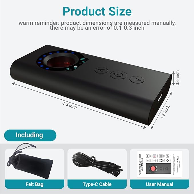 Phatom Upgraded AI Hidden Camera Detector, Anti-Spy Camera Finder RF Signal & WiFi Scanner Hidden Devices Detector for GPS Trackers, 4 Modes for Hotel, Bathroom, Office, Car Travel Security(Black)