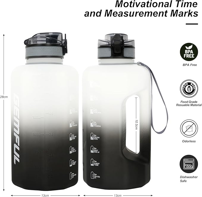 GEMFUL Half Gallon Water Bottle with Time Marker 74oz BPA-Free Leakproof Jug for Gym Workout 2.2L Large Capacity (White/Black no Straw)