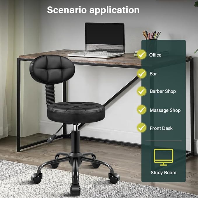 Round Stool with Back for Work SPA Shop Home Massage Height Adjustable Swivel Stool Chair with Wheels (Black)