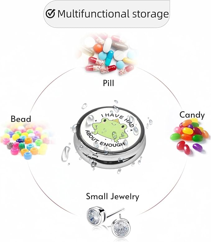3 Compartment Travel Pill Case, Sealed Portable Pill Container Mini Size Metal Pill Box for Pocket Purse, Three Times a Day Pill Organizer for Men, Women and Children - Cute Frog