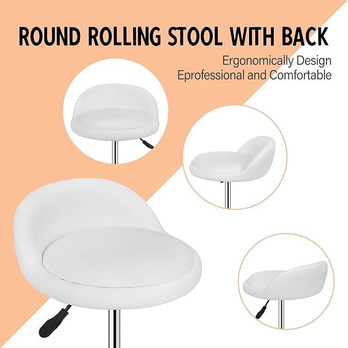 LEMY Rolling Stool Height Adjustable with Back, Swivel Spa Salon Work Office Stools, Task Chair with Wheels, White