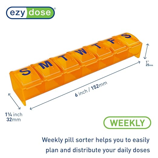 EZY DOSE Weekly (7-Day) Pill Case, Medicine Planner, Vitamin Organizer, Large Contoured Compartments for Easy Pill Removal, Amber Lids, BPA Free