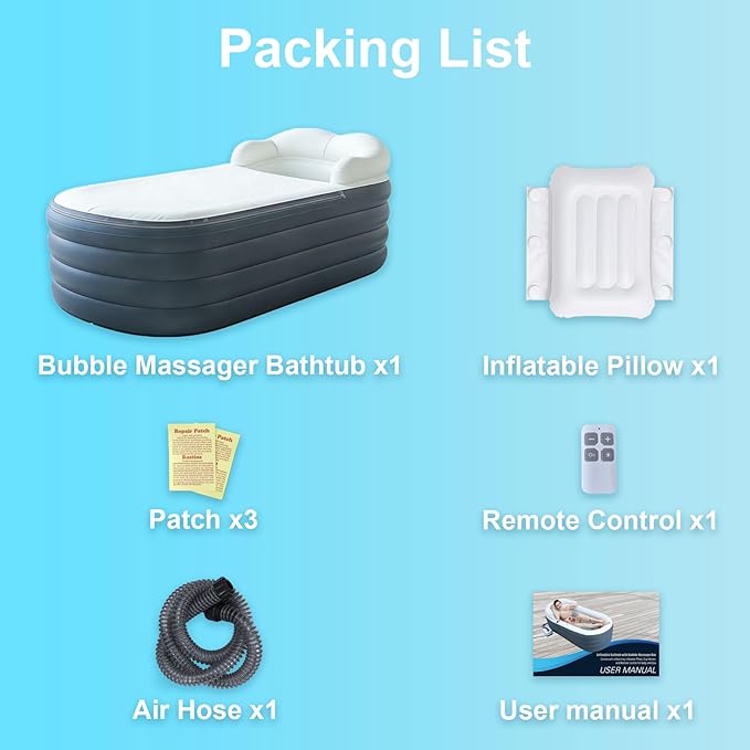 Adult Inflatable Bathtub with Air Bubble Mat, 66'' Portable Spa Water Therapy Soaking Tub with Romantic LED Lights, Pillow/Backrest/Armrests Supported (Air Pump Included)