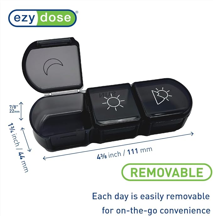 Ezy Dose Weekly (7-Day) Daily Medtime Pill Organizer Case, Vitamin Planner and Medicine Container, Removable Large Pop-Out Individual Compartments, 3 Times a Day, Travel Friendly Black, BPA Free