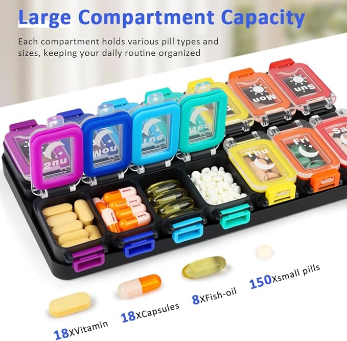 Shintop Weekly Pill Organizer 2 Times a Day, Moisture-Proof Large Vitamin Box 7 Day Secure-Locking Medicine Case with Detachable Rows for Home & Travel (Rainbow)