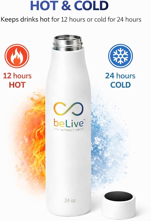 BeLive Smart Water Bottle – Premium Stainless Steel, UV-C Self-Cleaning Lid, Digital Temperature Display, 24 oz Reusable Bottle