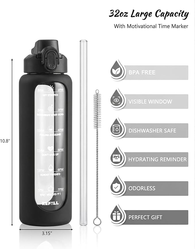 Nefeeko 32 oz Glass Water Bottles with Straw, Time Marker, Motivational 1 Liter BPA FREE Leakproof Reusable Glass Water Bottle with Silicone Sleeve, Bamboo, Spout Lid